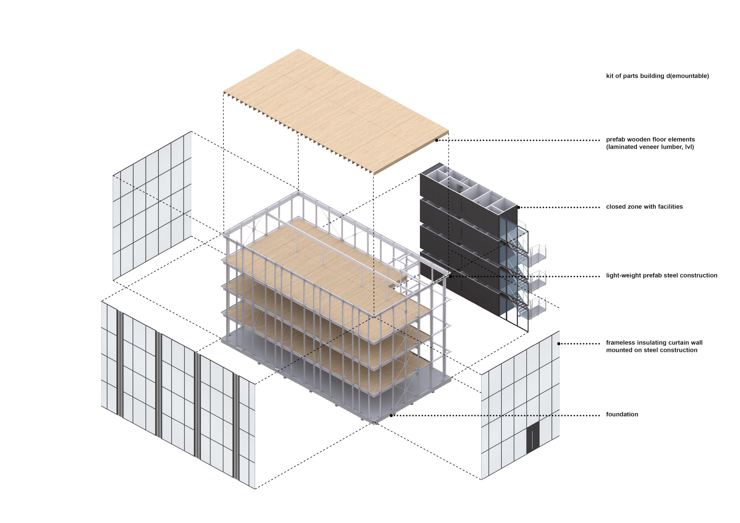 Explosionszeichnung des Building D(emountable) mit Beschriftung der einzelnen Teile, Zeichnung: cepezed