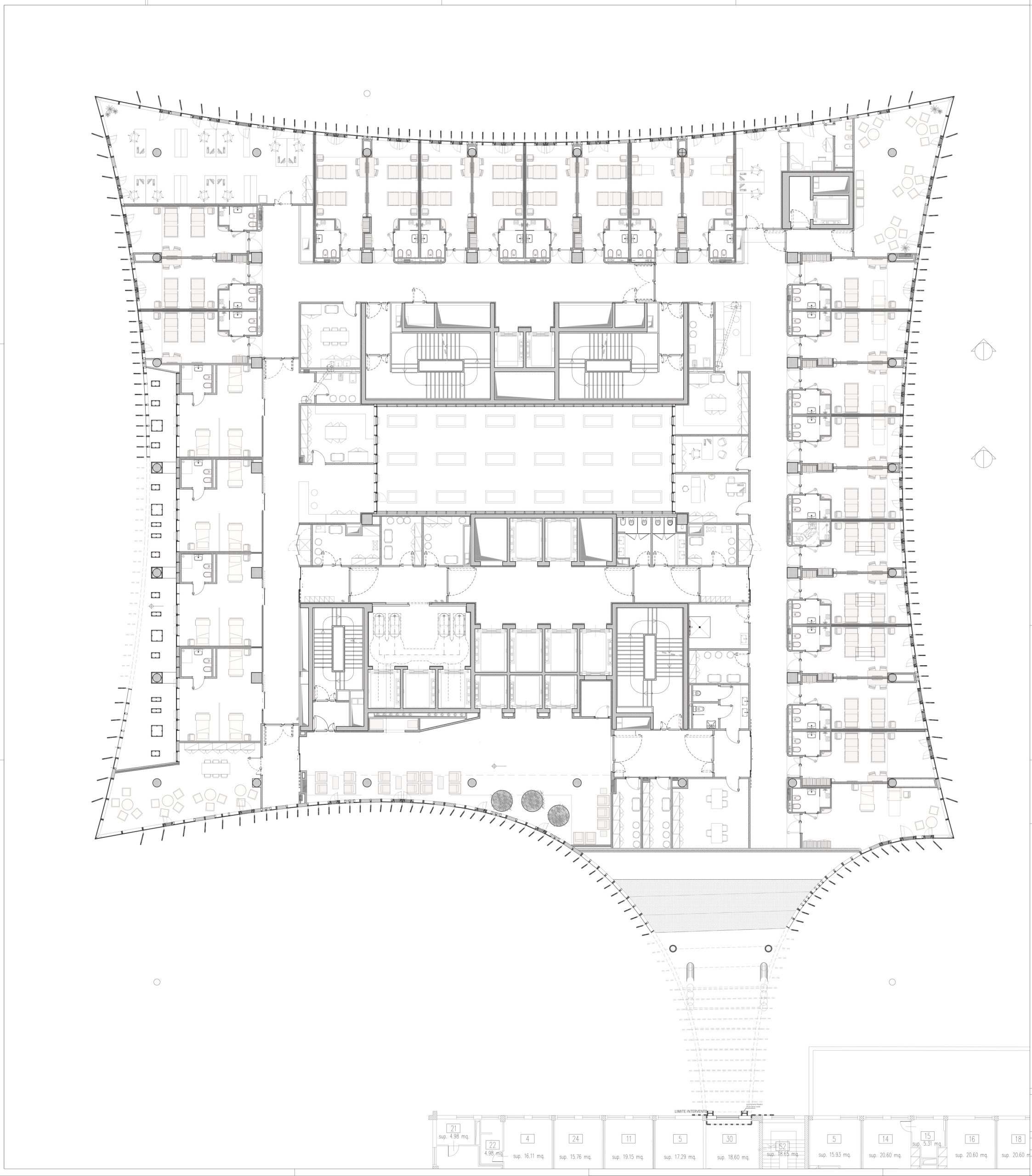 Grundriss 1. Obergeschoss, Mario Cucinella Architects, Ospedale San Raffaele, Mailand, Zeichnung: Mario Cucinella Architects